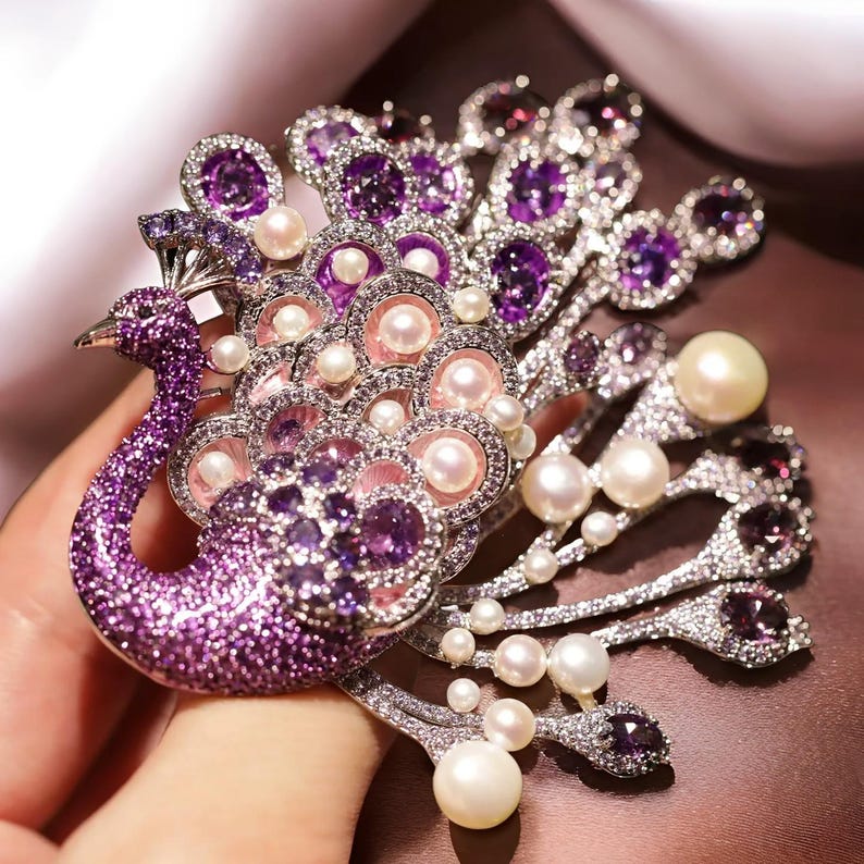 Original Luxury Natural Pearl Purple Crystal Peacock Brooch