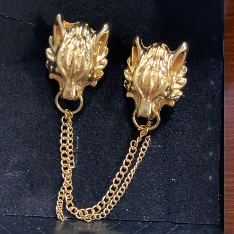 Wolf Head Chain Brooch: Gold or Silver Unisex Lapel Pin