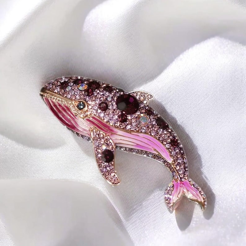Purple Crystal Whale Brooch: Gold Plated Copper Ocean Jewelry
