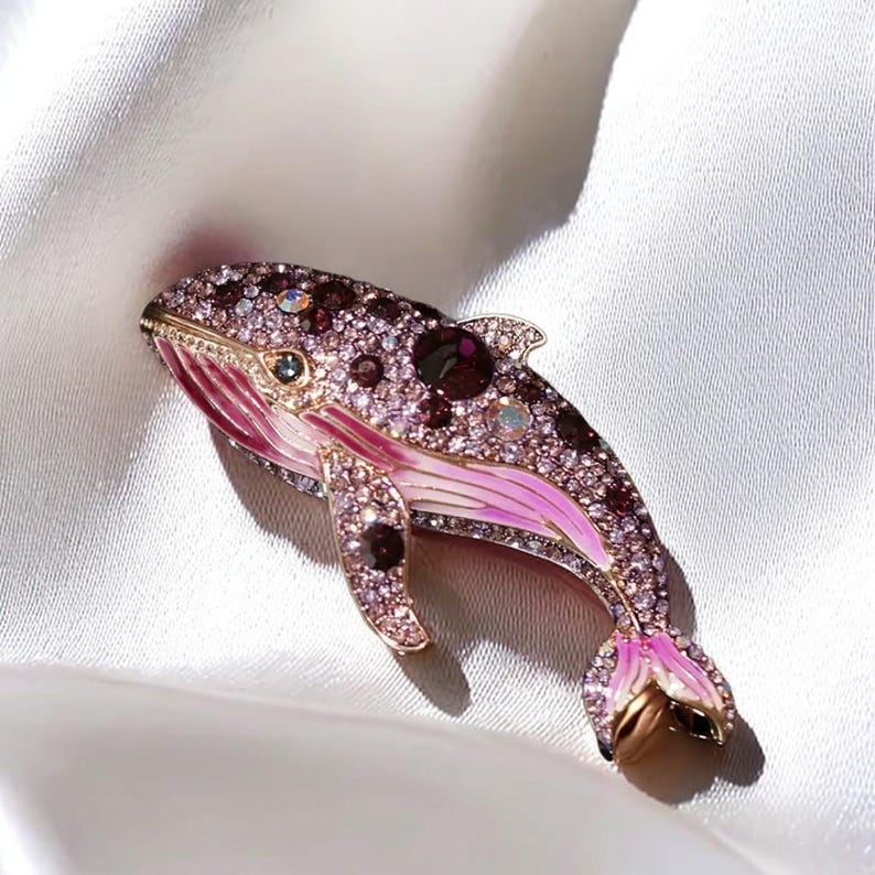 Purple Crystal Whale Brooch: Gold Plated Copper Ocean Jewelry