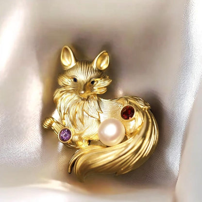 Antique Gold-Plated Nine-Tailed Fox Brooch: Vintage Pearl Jewelry