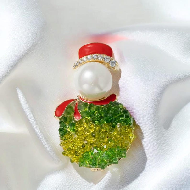 Christmas Snowman Brooch: Green Crystal & Pearl Santa - Gold Plated