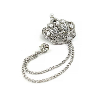 Silver Crown Lapel Pin: Pearl & Crystal Brooch with Chains