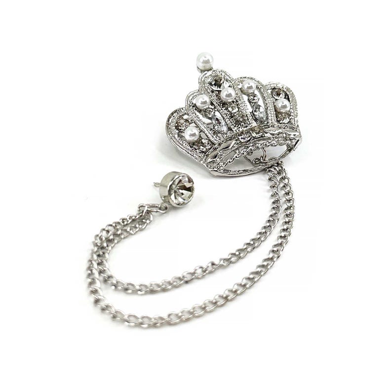 Silver Crown Lapel Pin: Pearl & Crystal Brooch with Chains