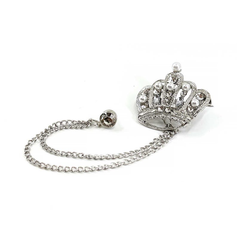 Silver Crown Lapel Pin: Pearl & Crystal Brooch with Chains