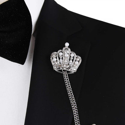 Silver Crown Lapel Pin: Pearl & Crystal Brooch with Chains
