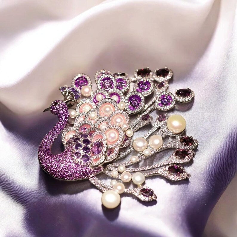 Original Luxury Natural Pearl Purple Crystal Peacock Brooch