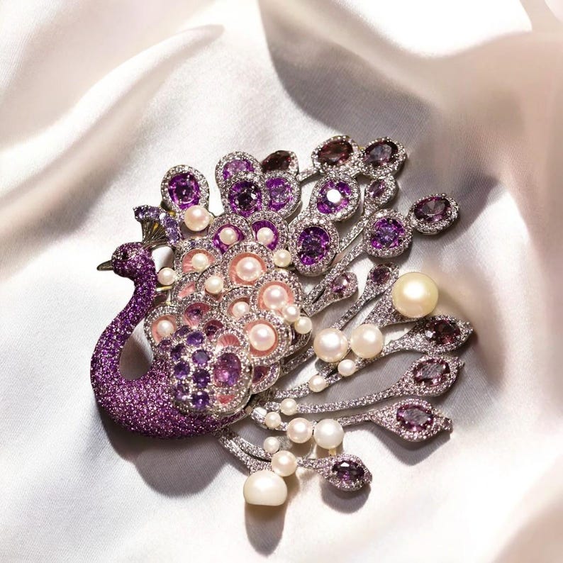 Original Luxury Natural Pearl Purple Crystal Peacock Brooch