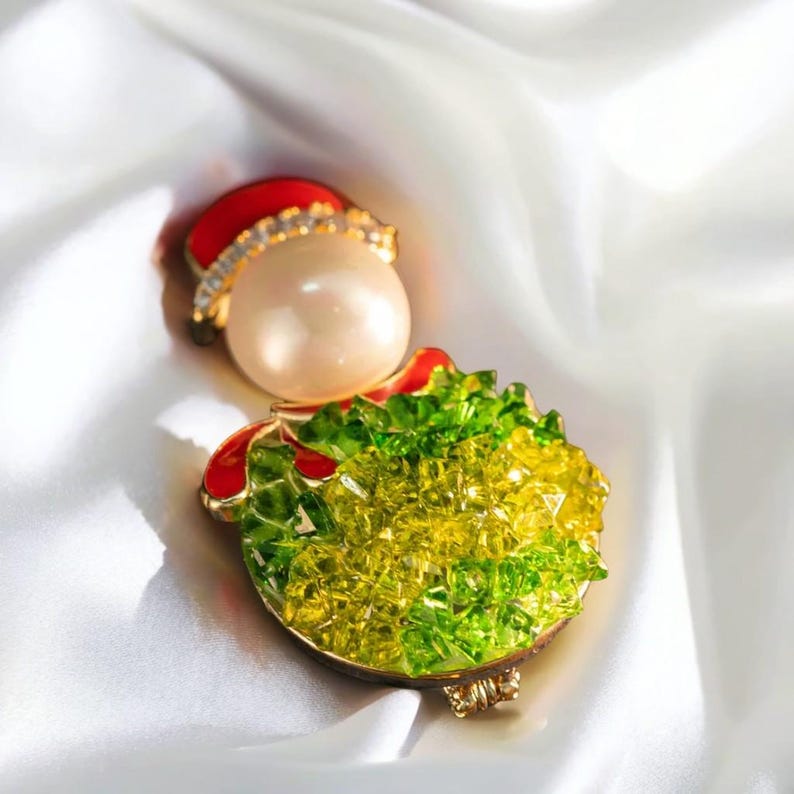 Christmas Snowman Brooch: Green Crystal & Pearl Santa - Gold Plated