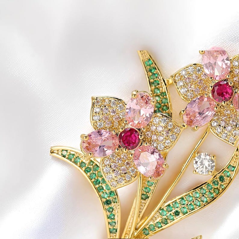 Vintage Rose Brooch: 18k Gold Plated Zircon Floral Pin Pendant