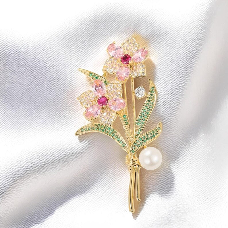 Vintage Rose Brooch: 18k Gold Plated Zircon Floral Pin Pendant