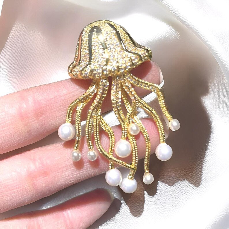 Original design Vintage palace style retro jellyfish brooch zircon pearl brooch gift