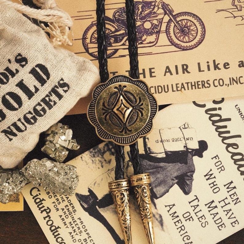 Gold Bolo Tie: Vintage Cowboy Style Brass Concho with Black Leather Cord Western Wedding Groomsmen Gift