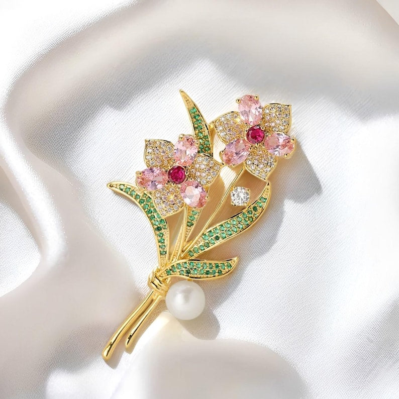 Vintage Rose Brooch: 18k Gold Plated Zircon Floral Pin Pendant