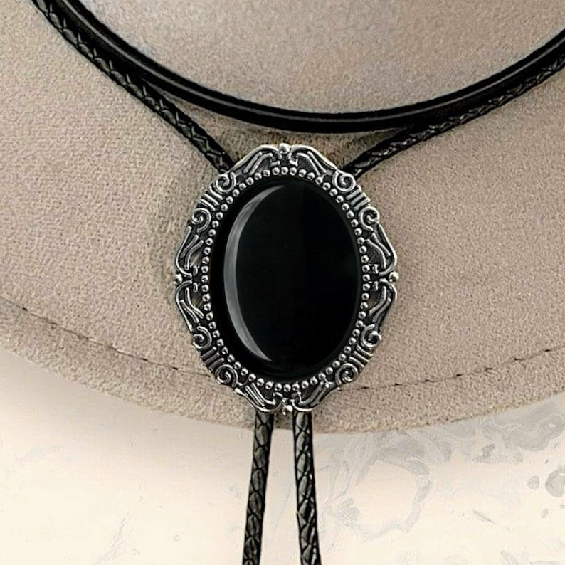 Southwestern Black Bolo Tie: Leather Cord Cowboy Necktie Onyx, Groomsmen Country Wedding