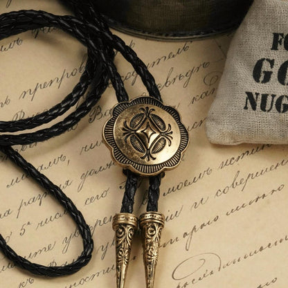 Gold Bolo Tie: Vintage Cowboy Style Brass Concho with Black Leather Cord Western Wedding Groomsmen Gift