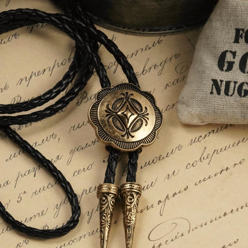 Gold Bolo Tie: Vintage Cowboy Style Brass Concho with Black Leather Cord Western Wedding Groomsmen Gift