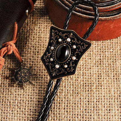 Victorian Shield Bolo Tie with Black Onyx and Pearls: Antique Gold Cowboy Wedding Necktie
