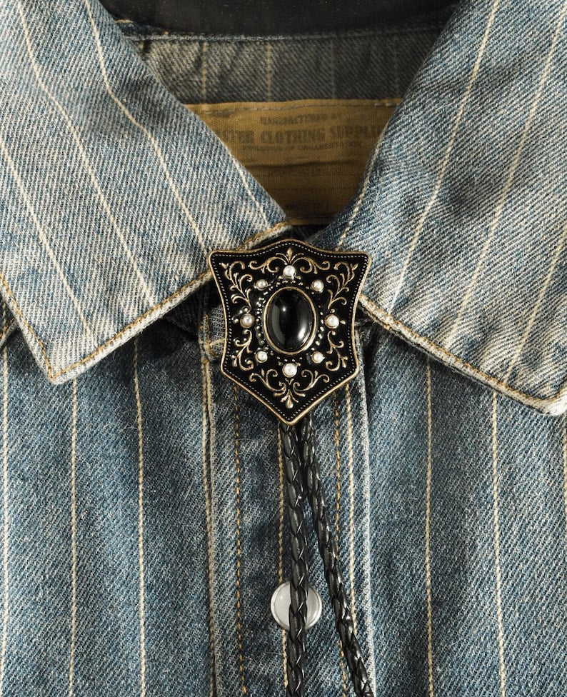 Victorian Shield Bolo Tie with Black Onyx and Pearls: Antique Gold Cowboy Wedding Necktie