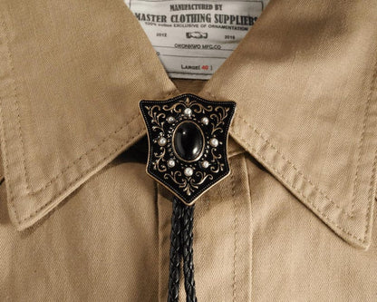 Victorian Shield Bolo Tie with Black Onyx and Pearls: Antique Gold Cowboy Wedding Necktie