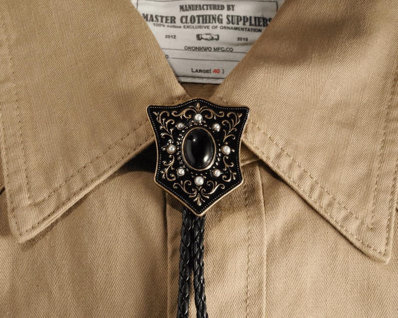 Victorian Shield Bolo Tie with Black Onyx and Pearls: Antique Gold Cowboy Wedding Necktie