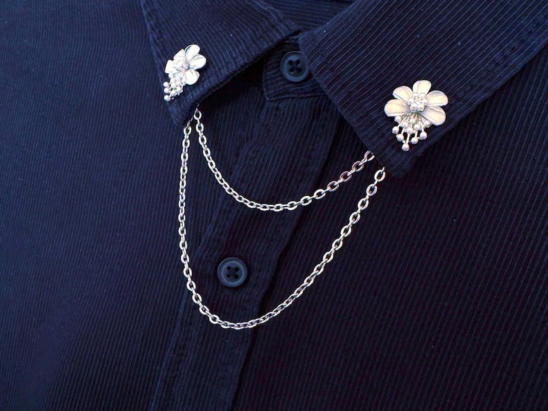 Collar Pins for Women – Elegant Floral Lapel Pin with Double Chain – Korea Style Pin