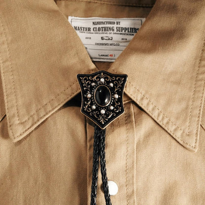 Victorian Shield Bolo Tie with Black Onyx and Pearls: Antique Gold Cowboy Wedding Necktie