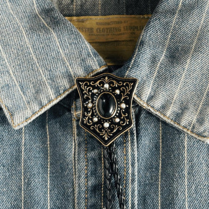Victorian Shield Bolo Tie with Black Onyx and Pearls: Antique Gold Cowboy Wedding Necktie