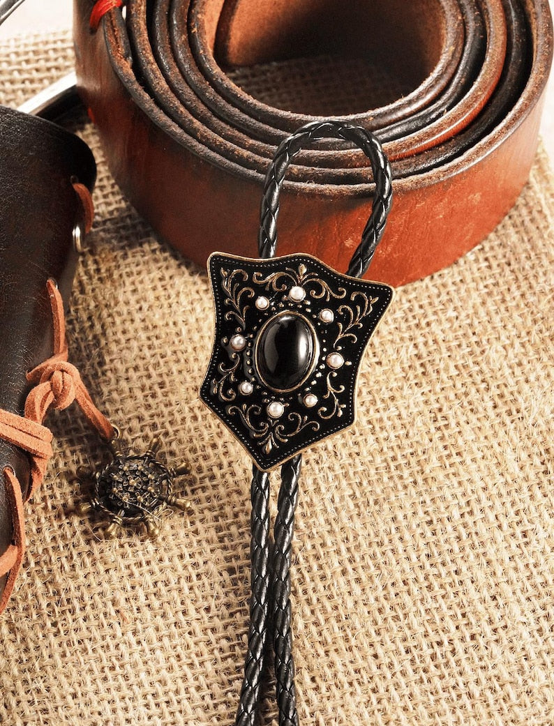 Victorian Shield Bolo Tie with Black Onyx and Pearls: Antique Gold Cowboy Wedding Necktie
