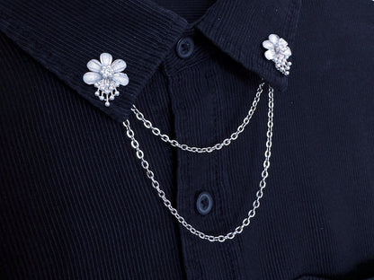 Collar Pins for Women – Elegant Floral Lapel Pin with Double Chain – Korea Style Pin