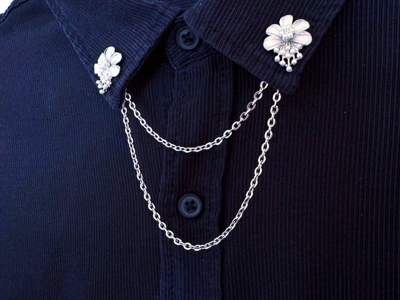 Collar Pins for Women – Elegant Floral Lapel Pin with Double Chain – Korea Style Pin