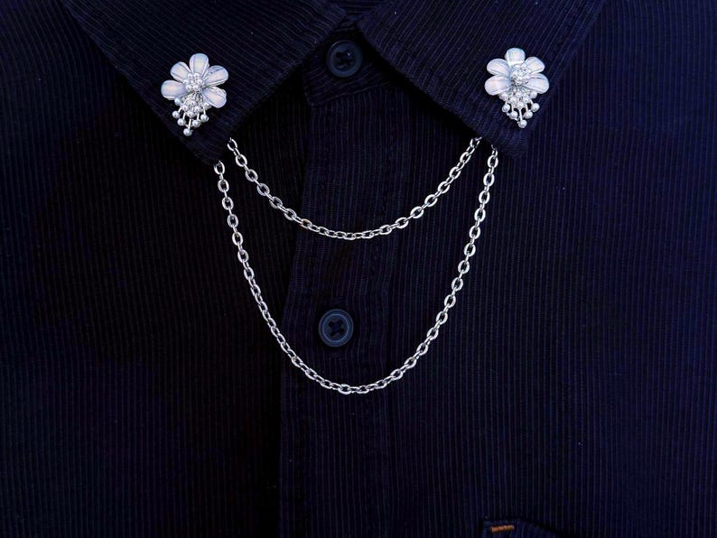 Collar Pins for Women – Elegant Floral Lapel Pin with Double Chain – Korea Style Pin