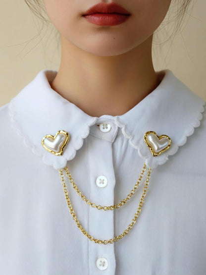 Heart Pearl Collar Pin with Double Gold Chain – Elegant Vintage-Inspired Brooch for Shirts & Dresses