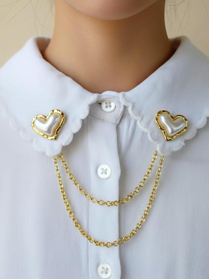 Heart Pearl Collar Pin with Double Gold Chain – Elegant Vintage-Inspired Brooch for Shirts & Dresses