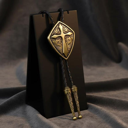 Bolo Cravate Croix Bouclier Western pour Hommes et Femmes - Accessoires de Mariage Cowboy en Laiton Antique