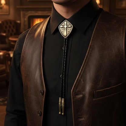 Bolo Cravate Croix Bouclier Western pour Hommes et Femmes - Accessoires de Mariage Cowboy en Laiton Antique