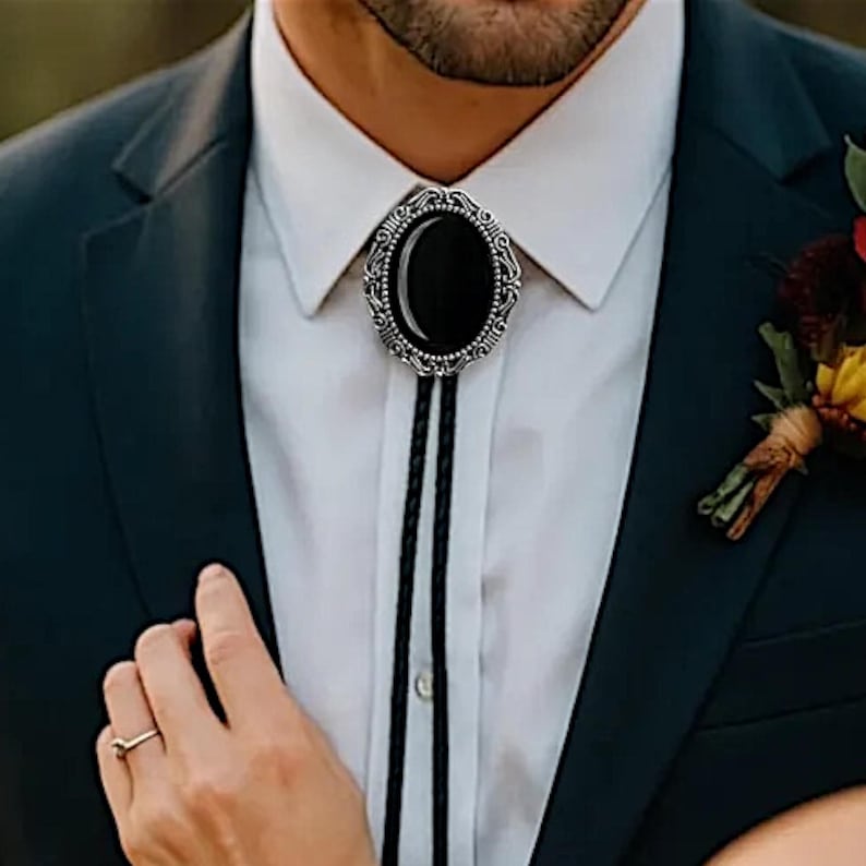 Southwestern Black Bolo Tie: Leather Cord Cowboy Necktie Onyx, Groomsmen Country Wedding