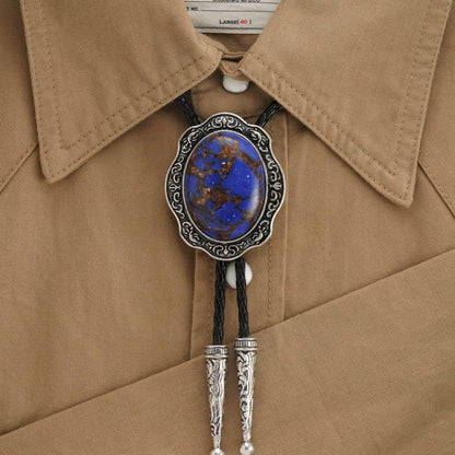 Cravate bolo en lapis-lazuli : cravate de cowboy vintage en argent gravé, cordon en cuir végétalien