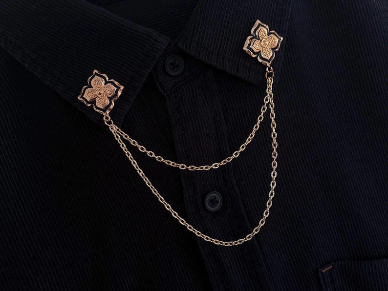 Handmade Gold & Black Flower Collar Chain Pin for Women | Vintage Style Shirt Collar Clip