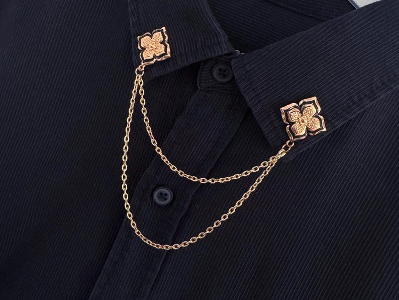 Handmade Gold & Black Flower Collar Chain Pin for Women | Vintage Style Shirt Collar Clip