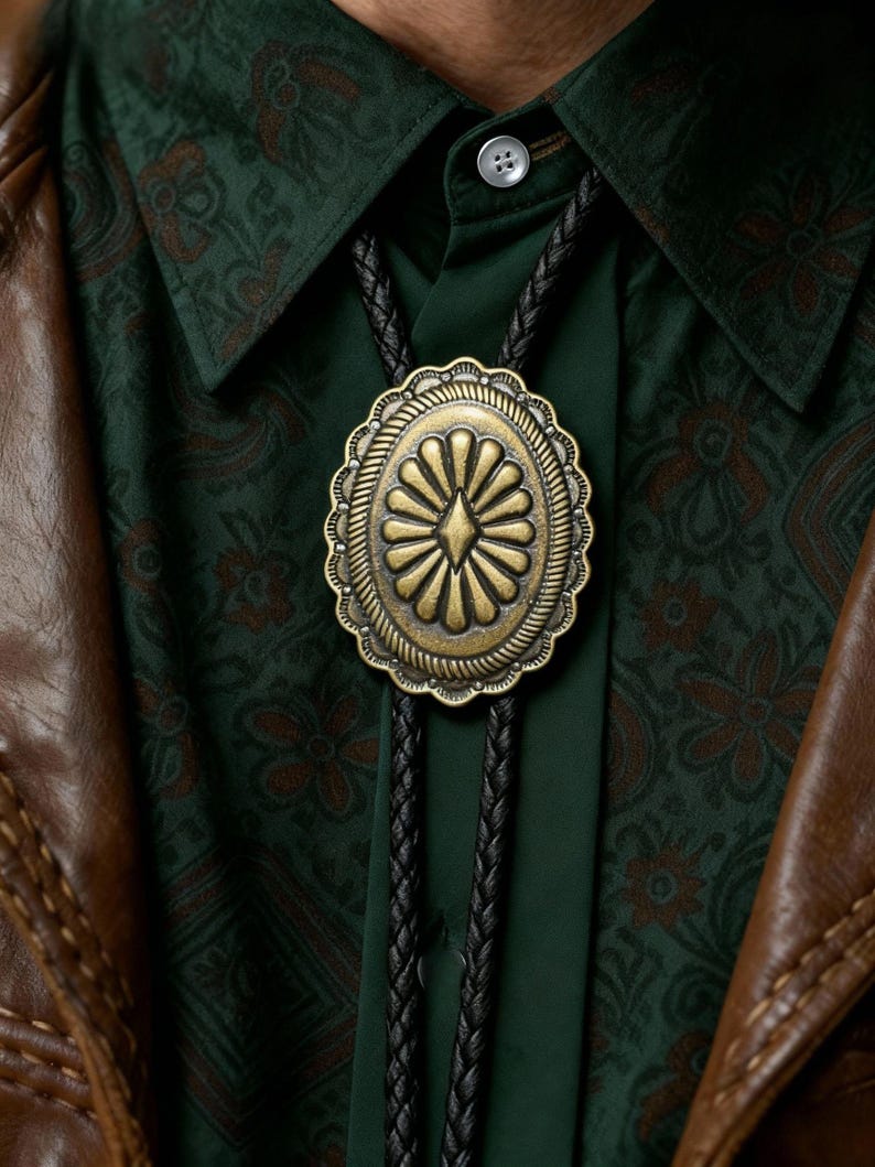 Concho cowboy bolo tie for mens, Antique Floral Engraved brown bolo tie for mens wedding, Cowboy Wedding Groomsmen Gift for him