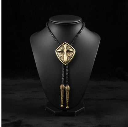 Bolo Cravate Croix Bouclier Western pour Hommes et Femmes - Accessoires de Mariage Cowboy en Laiton Antique