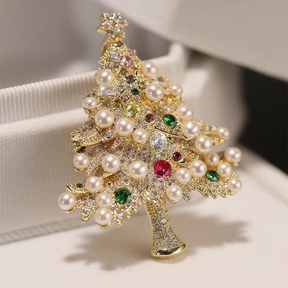 Original vintage Christmas tree brooch, women's dress pin inlaid with natural pearl and zircon
