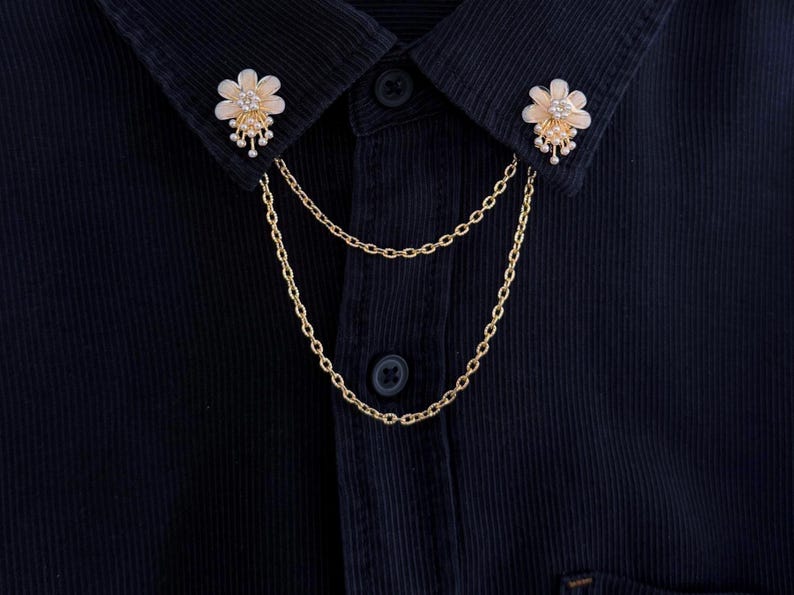 Collar Pins for Women – Elegant Floral Lapel Pin with Double Chain – Korea Style Pin
