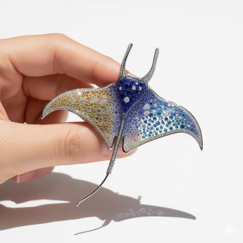 Vintage ocean animals design brooch, original handmade women's pin, blue stingray brooch pendant