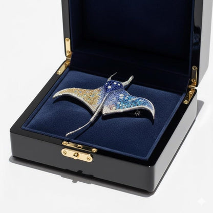 Vintage ocean animals design brooch, original handmade women's pin, blue stingray brooch pendant