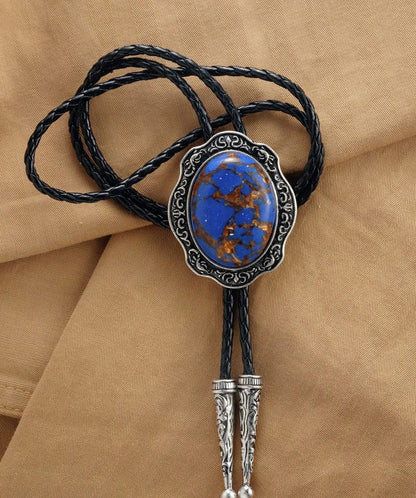 Cravate bolo en lapis-lazuli : cravate de cowboy vintage en argent gravé, cordon en cuir végétalien