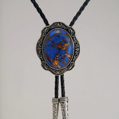 Cravate bolo en lapis-lazuli : cravate de cowboy vintage en argent gravé, cordon en cuir végétalien