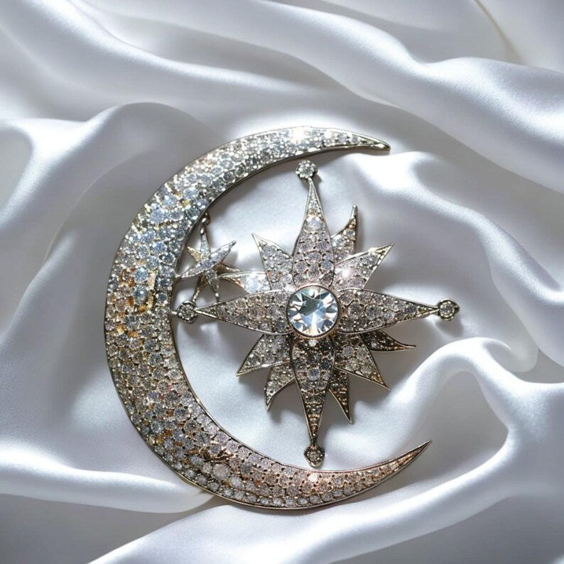 Exquisite micro-pave zircon moon and star brooch, vintage goddess women pins promise gift.