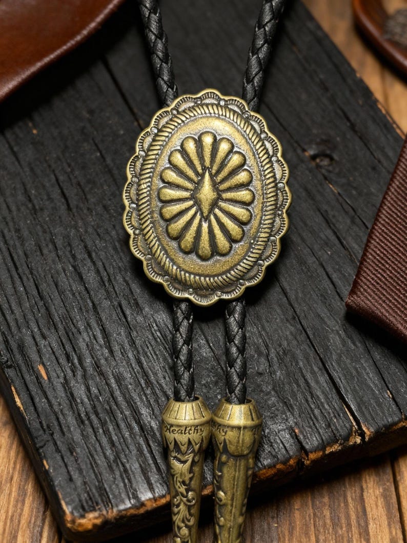 Concho cowboy bolo tie for mens, Antique Floral Engraved brown bolo tie for mens wedding, Cowboy Wedding Groomsmen Gift for him